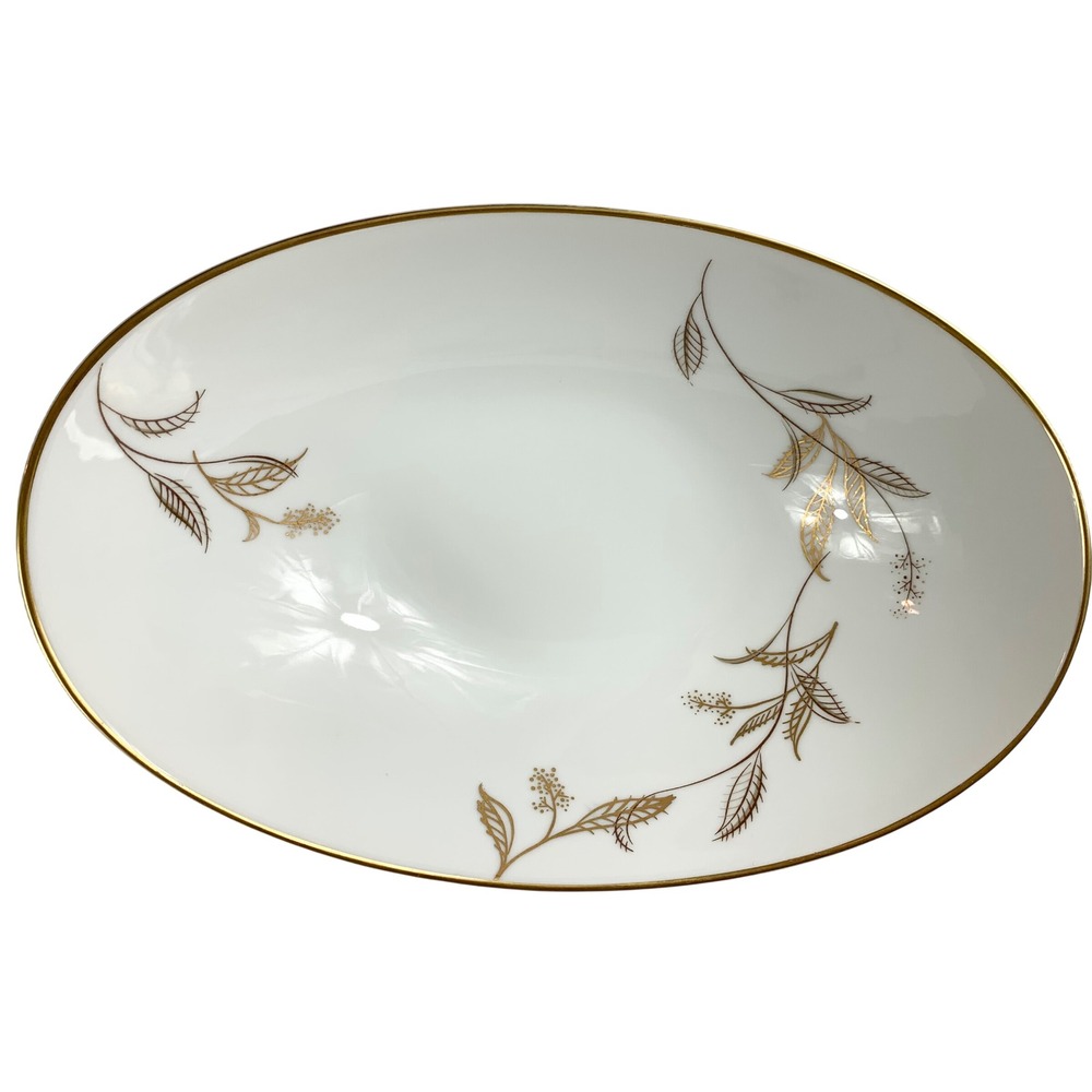 Noritake China Jania 5631 Oval Vegetable Serving Bowl Gold Leaf Wheat Japan 10"